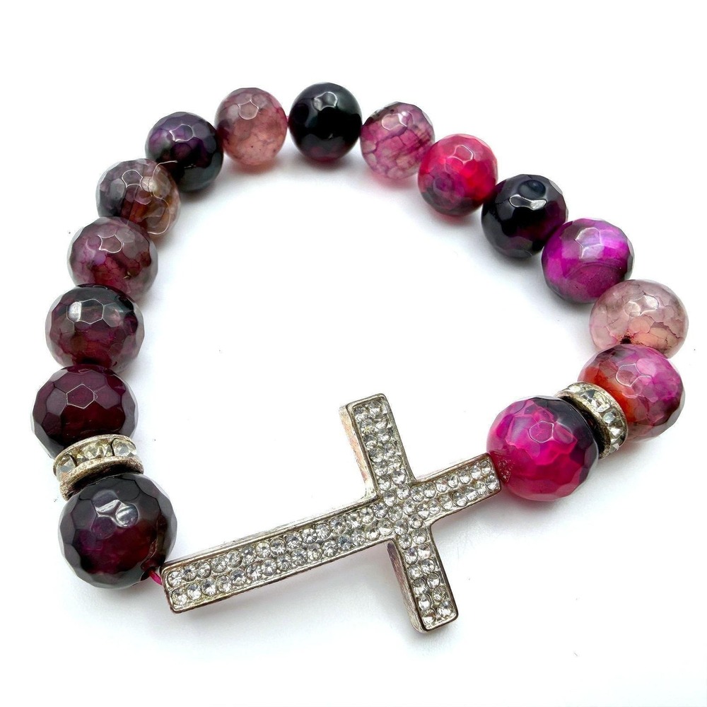 Vintage Red Crystal Beaded Bracelet Silver Rhinestone Cross Y2K 90s 2000s